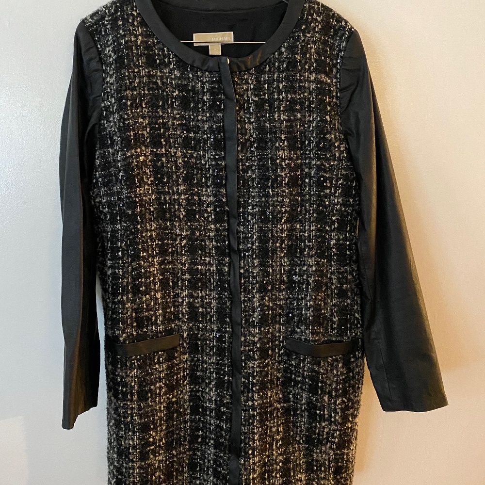 Michael Kors Sequins Tweed Faux Leather Long Coat